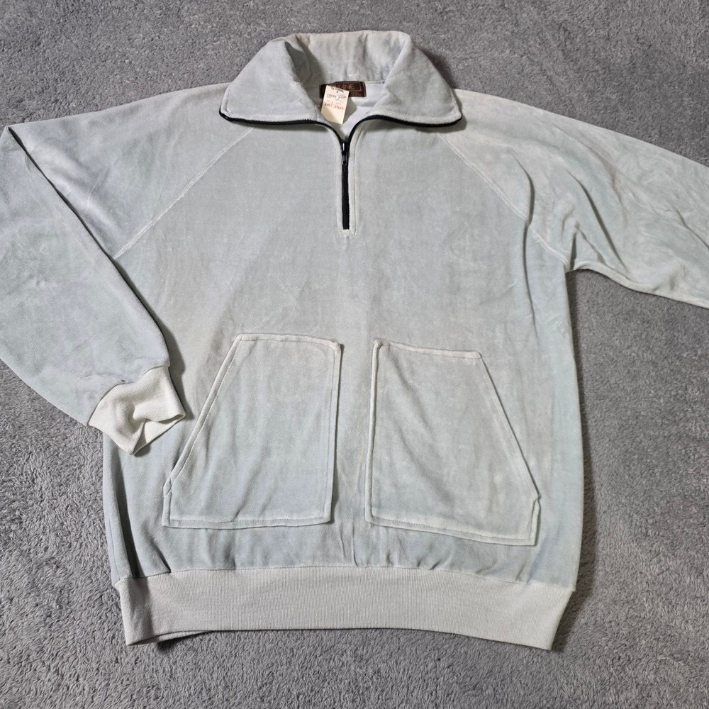 Thane Mens L Pullover Light Blue Velour Vintage Quarter Zip Raglan Pocket